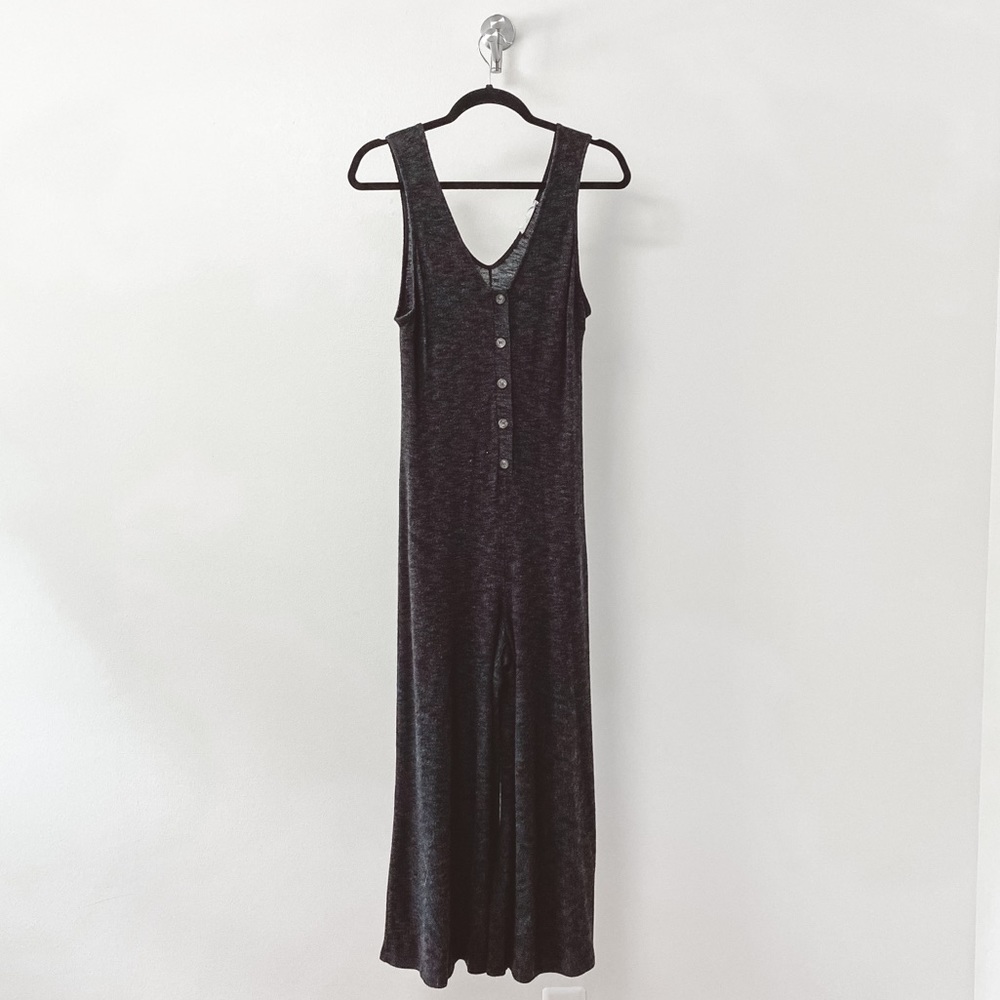 Lush Wide Leg Cropped Button Down Jumpsuit Gray MEDIUM